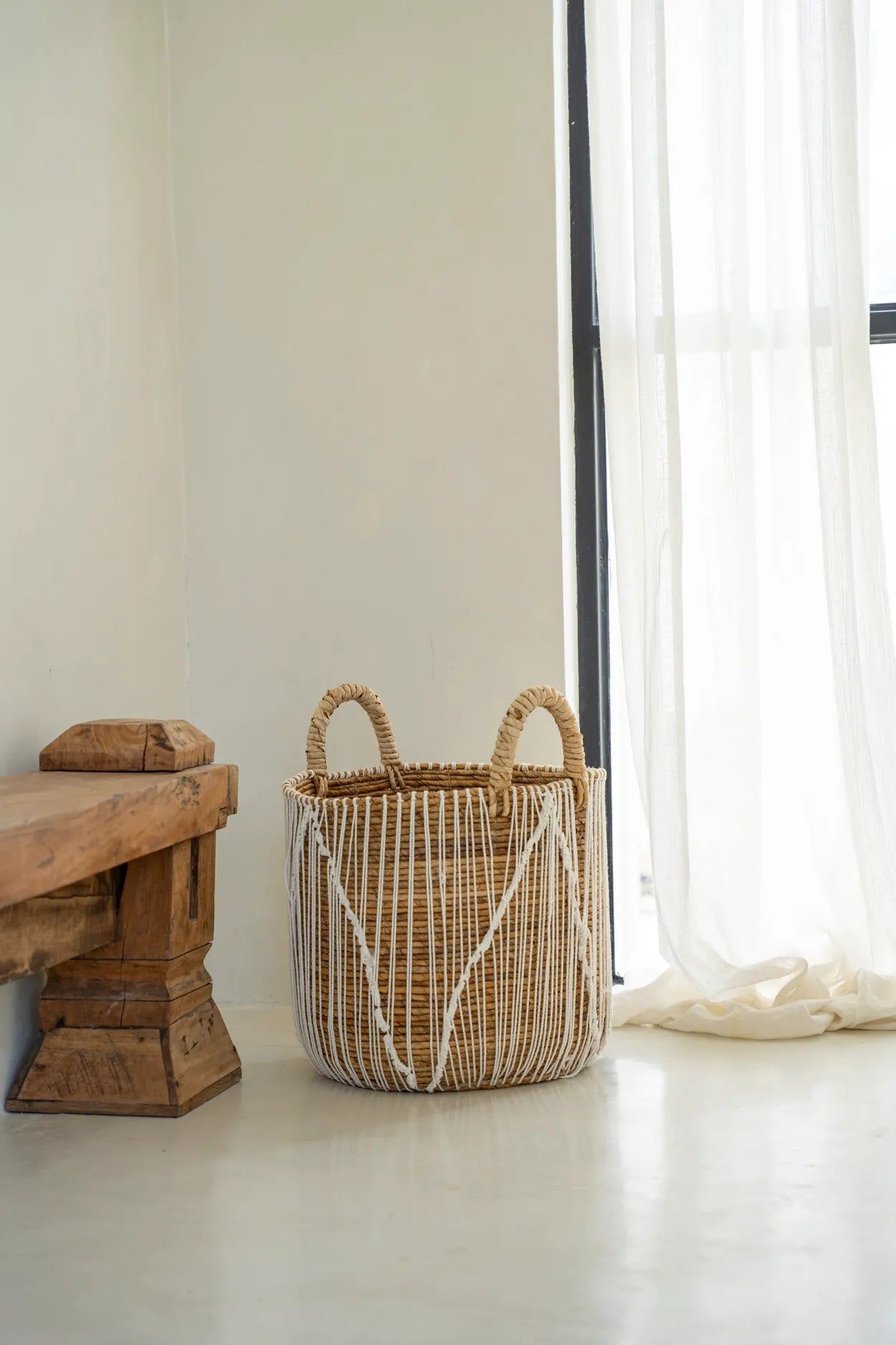 Cesta de macramé con costura recta - Blanco natural - M