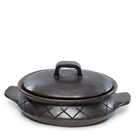 The Burned Oval Pot With Pattern and side handles - Black