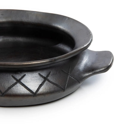 The Burned Oval Pot With Pattern and side handles - Black