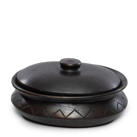 The Burned Oval Pot With Pattern - Black