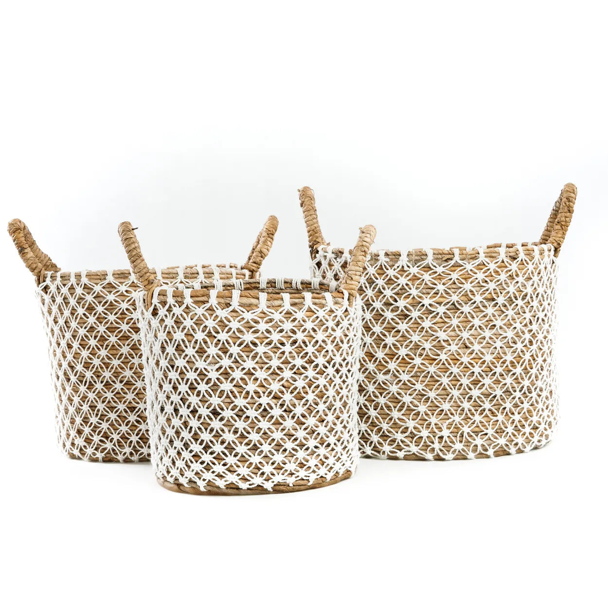 Cesta de macramé con punto cruzado -Blanco natural - L