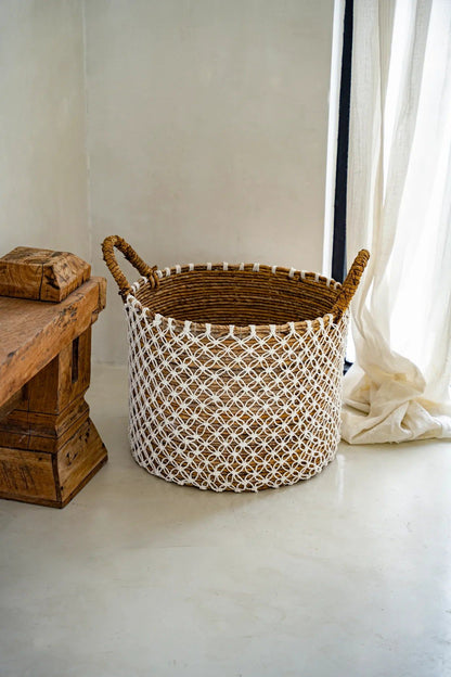 Cesta de macramé con punto cruzado -Blanco natural - L