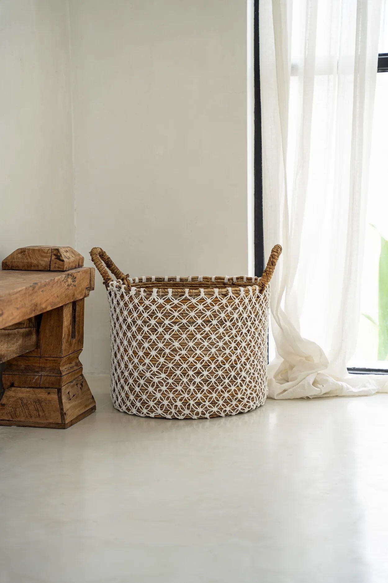 The Crossed Stitched Macrame Basket - Natural White - M